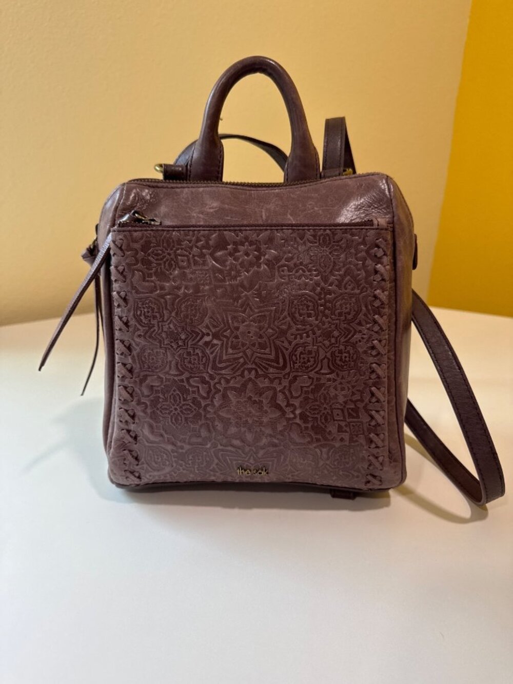 Sak Plum Leather Loyola Mini Convertible Backpack Purse With Floral Embossed Des